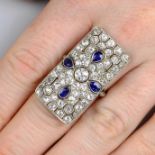 An old-cut diamond and sapphire openwork panel ring.Estimated total diamond weight 2.85cts,