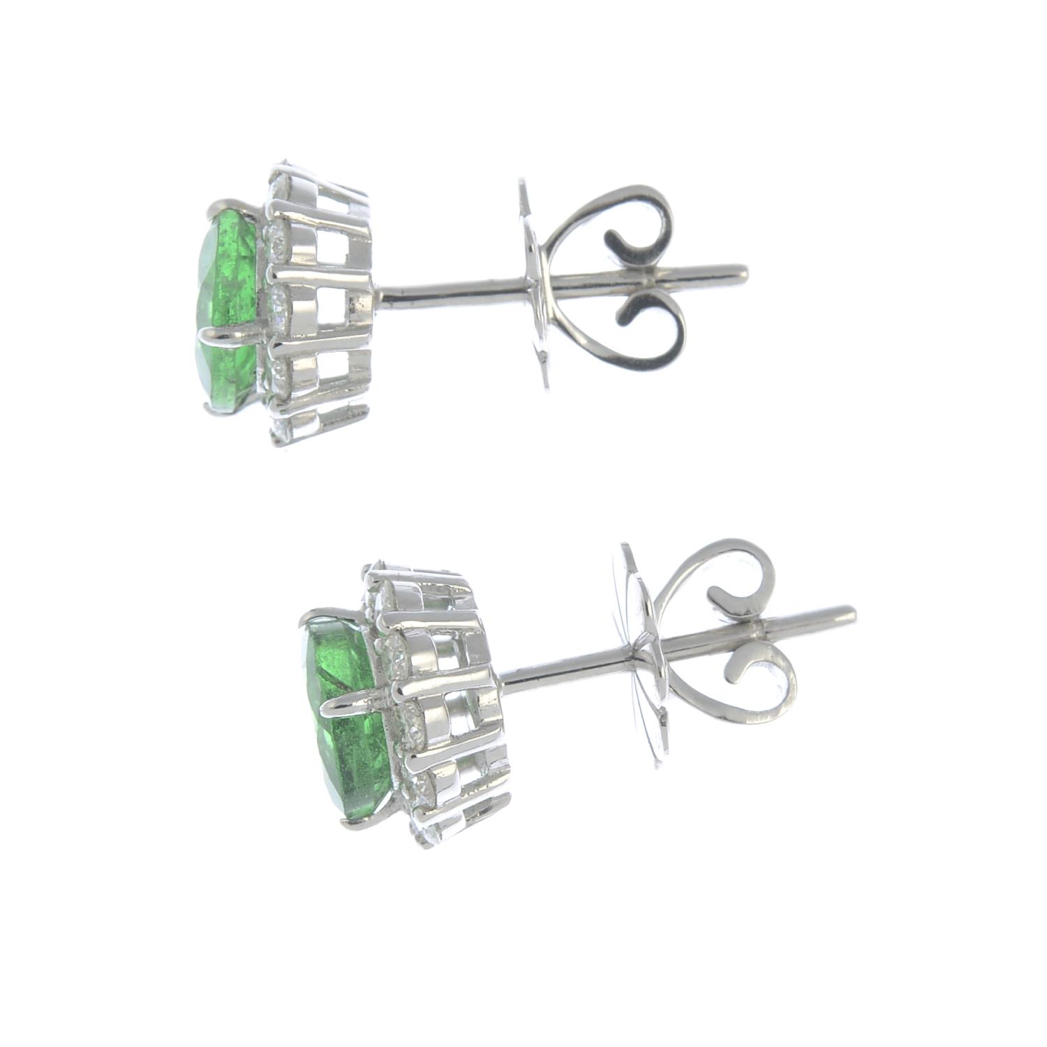 A pair of green garnet and brilliant-cut diamond cluster earrings.Estimated diameter of one garnet - Image 2 of 3