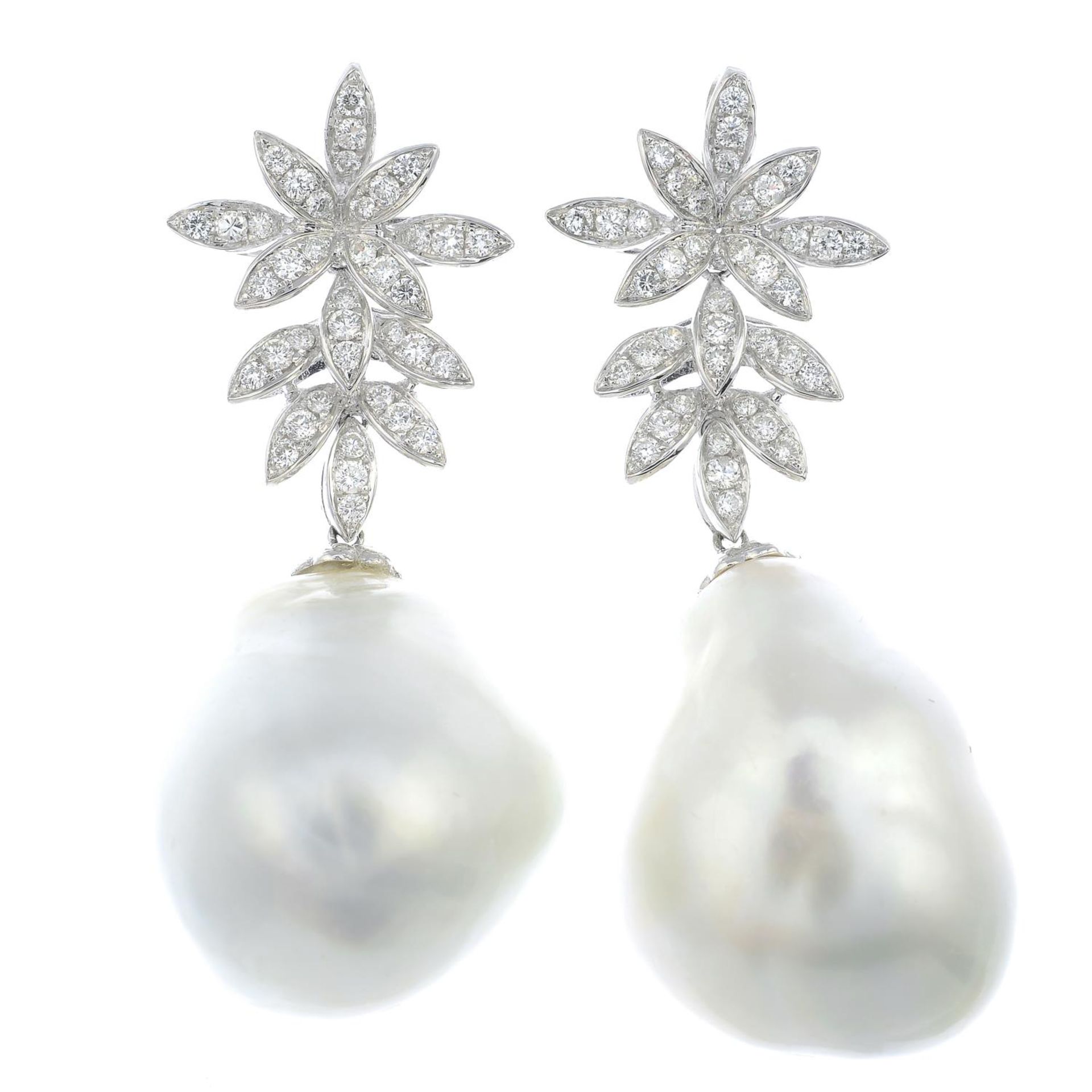 A pair of Baroque cultured pearl and brilliant-cut diamond earrings.Estimated total diamond weight - Image 3 of 3