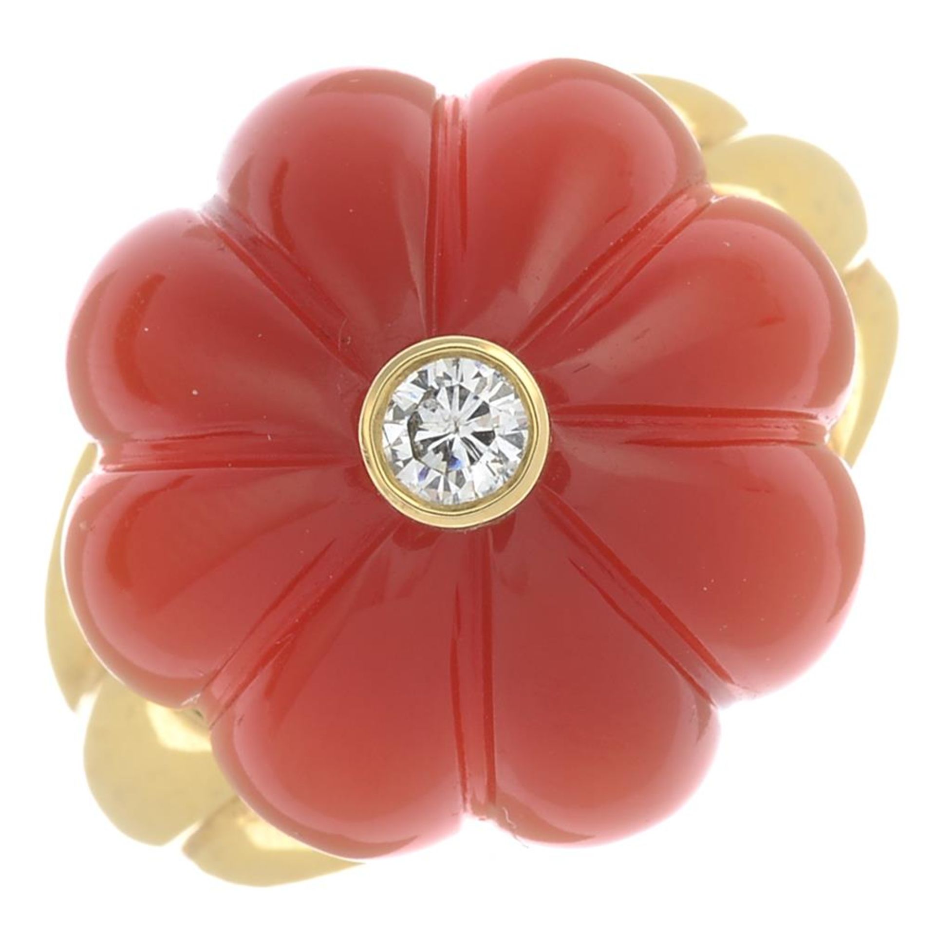 An 18ct gold diamond and carved carnelian floral dress ring.Hallmarks for London, 2015. - Image 4 of 5