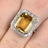 An Art Deco platinum citrine and single-cut diamond dress ring.Citrine calculated weight 7.36cts,