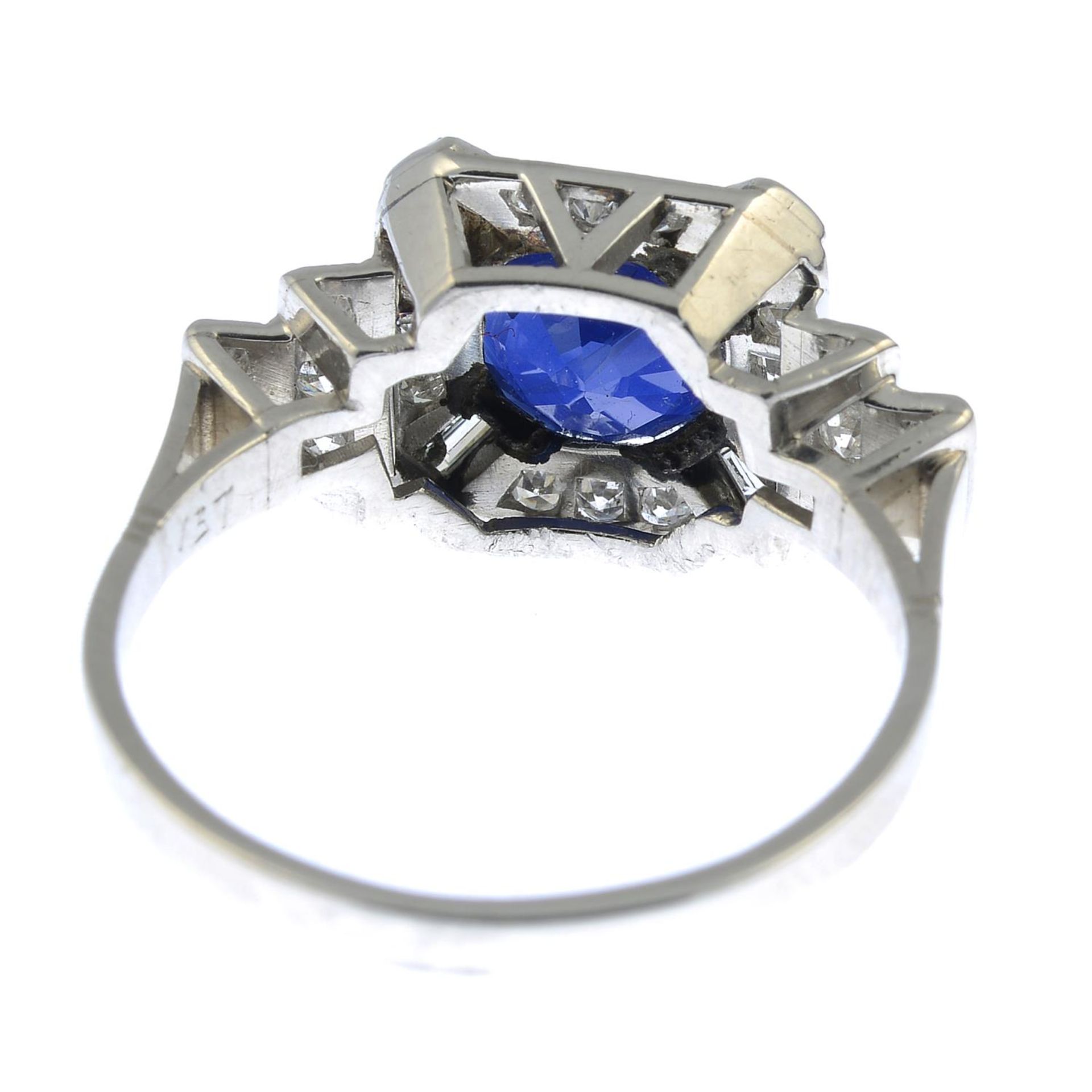 An Art Deco platinum sapphire and vari-cut diamond dress ring.Sapphire calculated weight 2.07cts, - Image 3 of 5