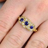 An Edwardian 18ct gold sapphire and diamond triple cluster ring.Estimated total diamond weight