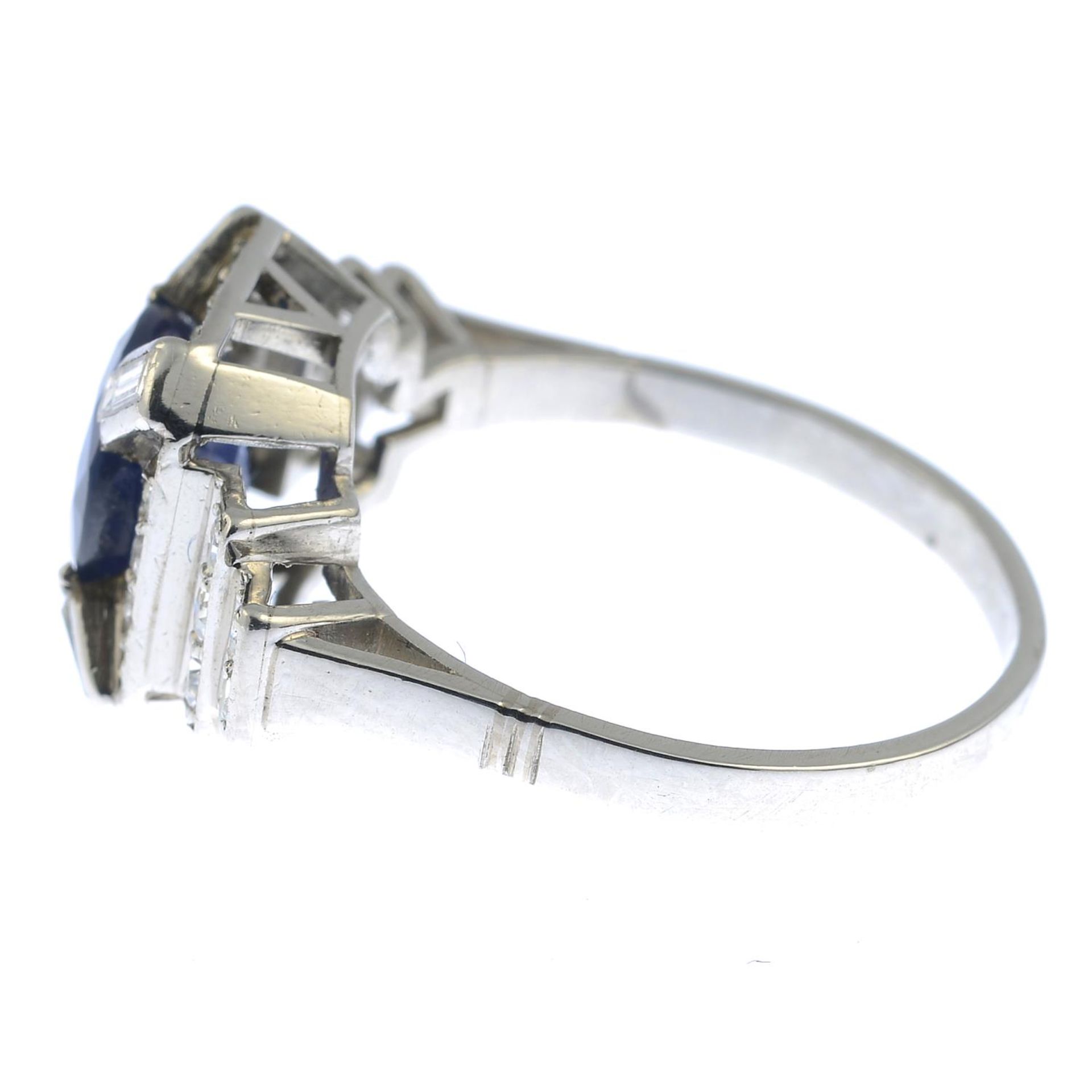 An Art Deco platinum sapphire and vari-cut diamond dress ring.Sapphire calculated weight 2.07cts, - Image 2 of 5