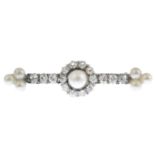 A late Victorian silver and gold old-cut diamond and cultured pearl bar brooch.Estimated total