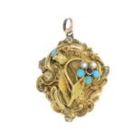 A mid 19th century gold garnet, split pearl and turquoise floral locket pendant.Length 3.7cms.