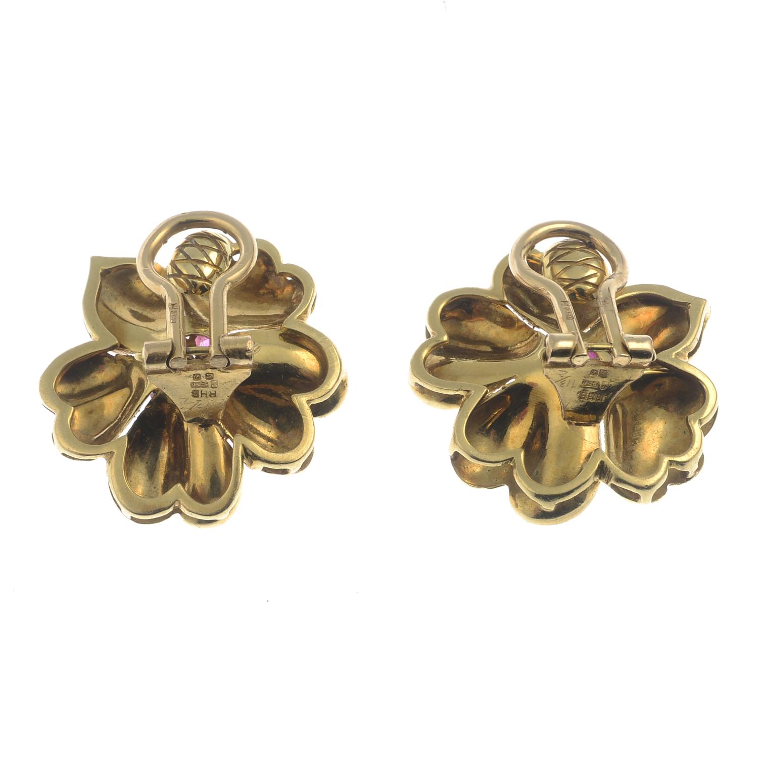 A pair of 1960s 18ct gold circular-shape ruby and single-cut diamond flower earrings.Hallmarks for - Image 2 of 2