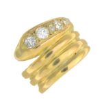 A late Victorian 18ct gold old-cut diamond snake ring.Estimated total diamond weight 0.50ct,