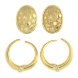 Two pairs of 18ct gold diamond earrings.Estimated total diamond weight 0.20ct.Hallmarks for London,