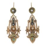 A pair of late 19th century split pearl and gem-set earrings.Gems include emerald and green