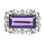 A rectangular-shape amethyst and old-cut diamond brooch.Amethyst calculated weight 13.87cts,