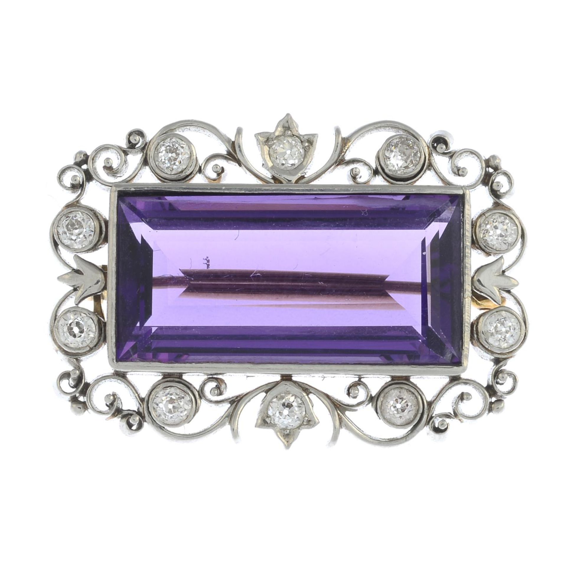 A rectangular-shape amethyst and old-cut diamond brooch.Amethyst calculated weight 13.87cts,