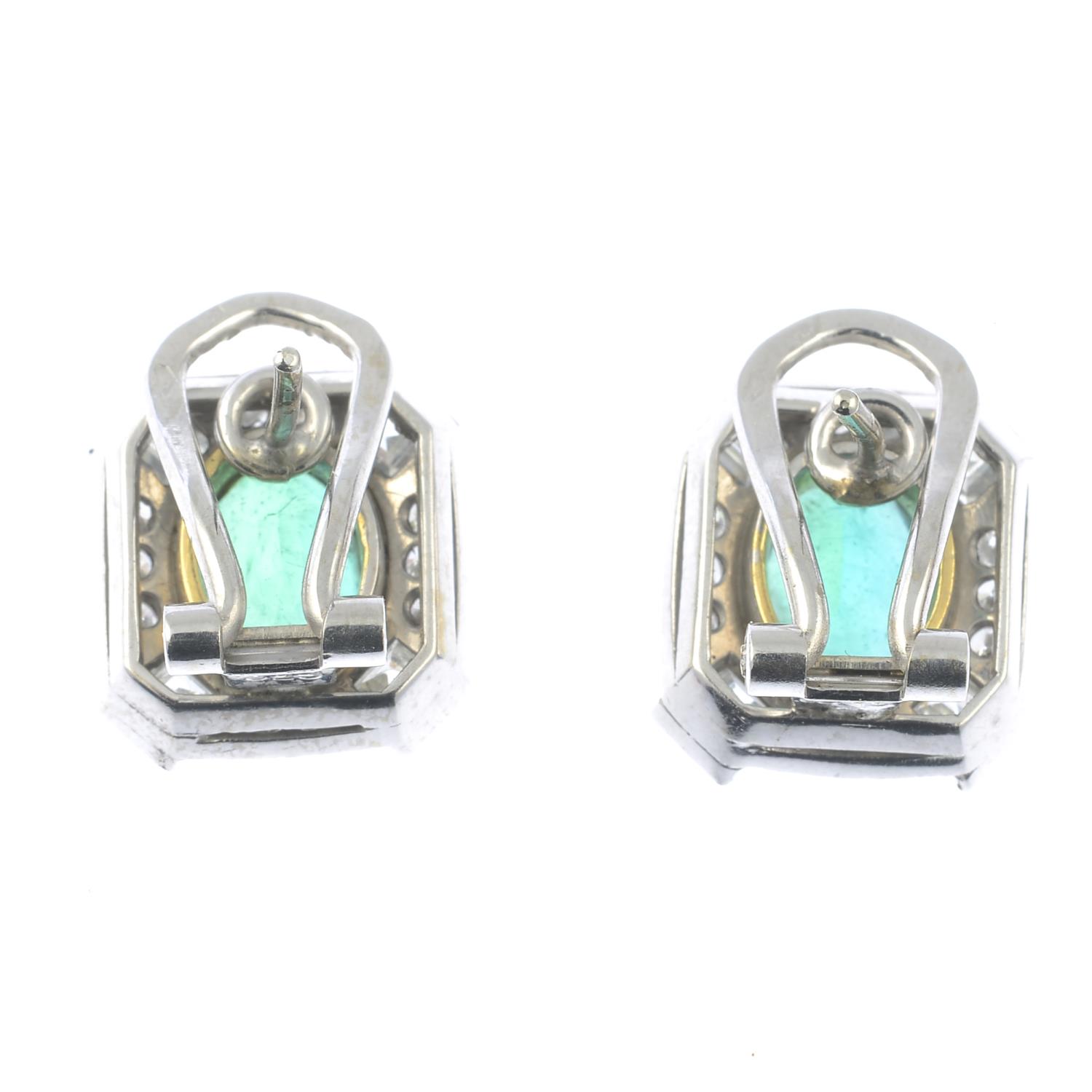 A pair of oval-shape emerald and vari-cut diamond earrings.Emerald calculated weights 0.92ct and - Image 2 of 2