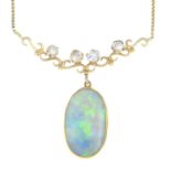 An opal cabochon and old-cut diamond necklace.Estimated dimensions of opal 20.3 by 12mms.Estimated