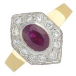 An 18ct gold oval-shape ruby and brilliant-cut diamond cluster ring.Ruby weight 1.16cts.Total