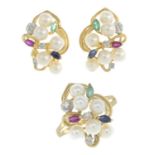 A pair of gem-set earrings and matching ring.Gems to include cultured pearls,