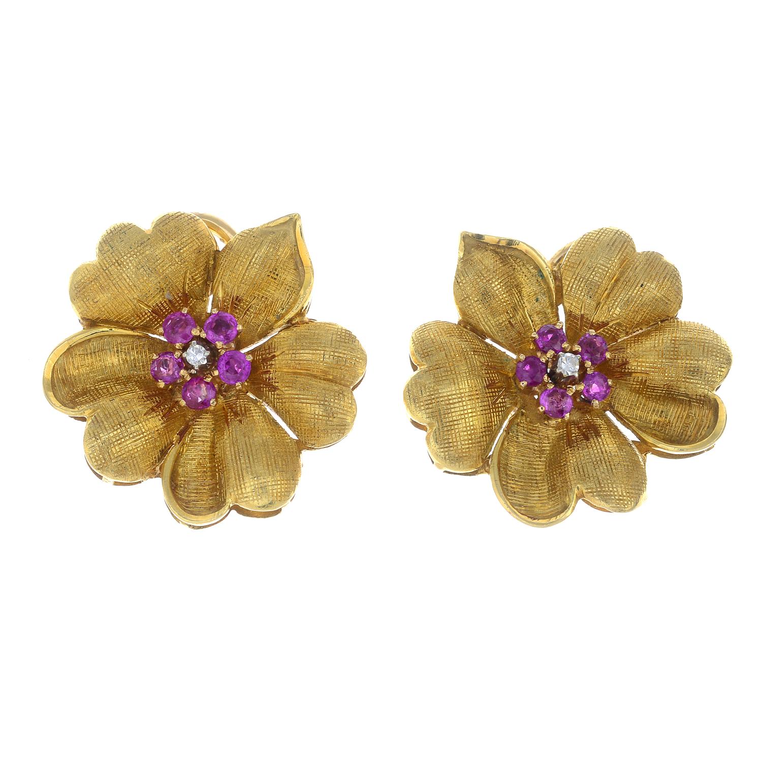 A pair of 1960s 18ct gold circular-shape ruby and single-cut diamond flower earrings.Hallmarks for