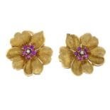 A pair of 1960s 18ct gold circular-shape ruby and single-cut diamond flower earrings.Hallmarks for