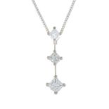 A square-shape diamond three-stone pendant,