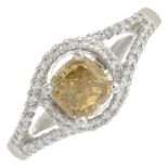 An 18ct gold cushion-cut 'brown' diamond and brilliant-cut diamond dress ring.'Brown' diamond