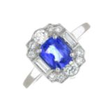 A cushion-shape sapphire and vari-cut diamond cluster ring.Sapphire calculated weight 1.01cts,