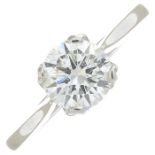 A platinum brilliant-cut diamond single-stone ring.Estimated diamond weight 1ct,