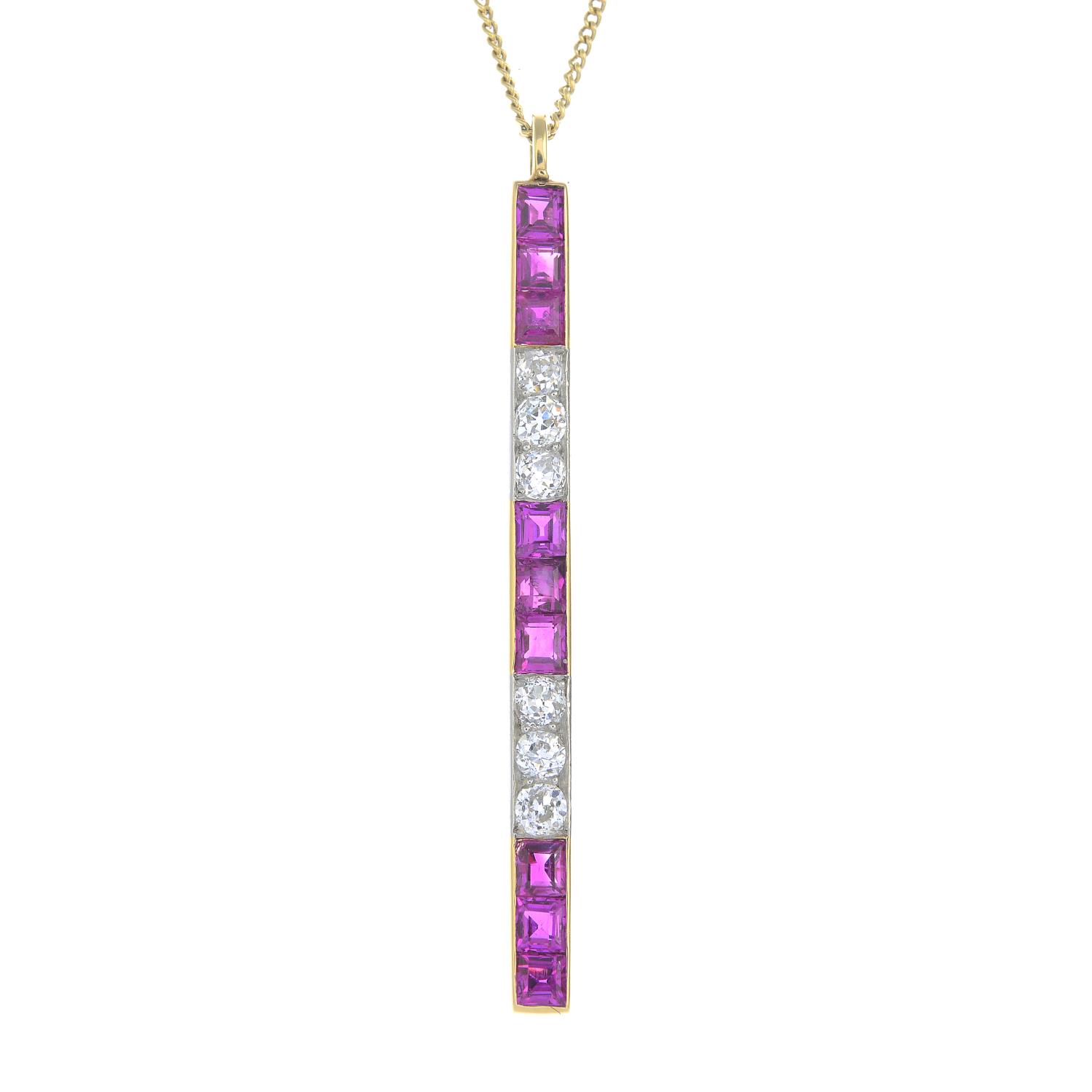 A calibre-cut ruby and brilliant-cut diamond pendant,