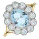 An aquamarine and brilliant-cut diamond cluster ring.Aquamarine calculated weight 1.20cts,