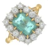 An 18ct gold rectangular-shape emerald and brilliant-cut diamond cluster ring.Emerald calculated