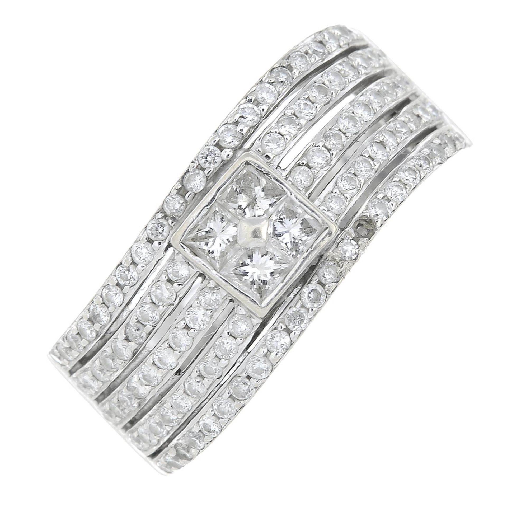 A square-shape and brilliant-cut diamond dress ring.