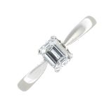 A platinum rectangular-shape diamond single-stone ring.Estimated diamond weight 0.55ct,