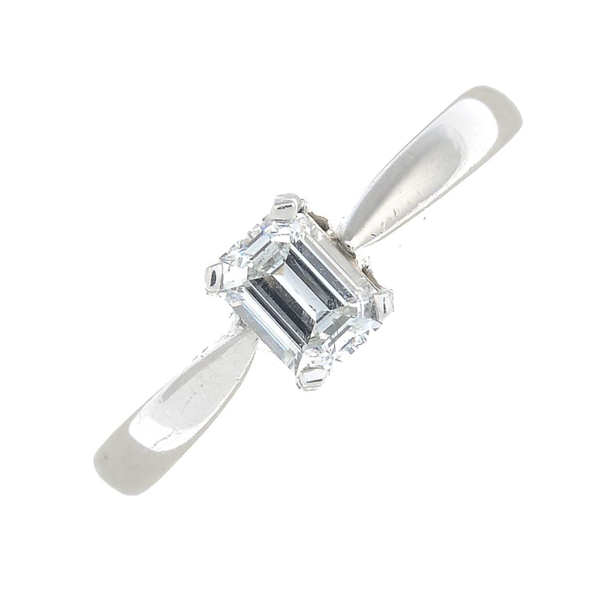A platinum rectangular-shape diamond single-stone ring.Estimated diamond weight 0.55ct,
