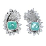 A pair of emerald and brilliant-cut diamond earrings.Total emerald weight 1.04cts,