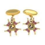 A pair of circular-shape ruby and enamel cufflinks,