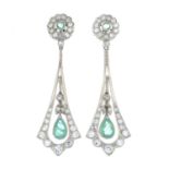 A pair of emerald and vari-cut diamond drop earrings.Estimated total diamond weight 1.30cts,