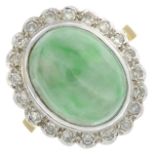 An 18ct gold jade and single-cut diamond cluster ringApproximate jade dimensions 13.2 by 10.8 by