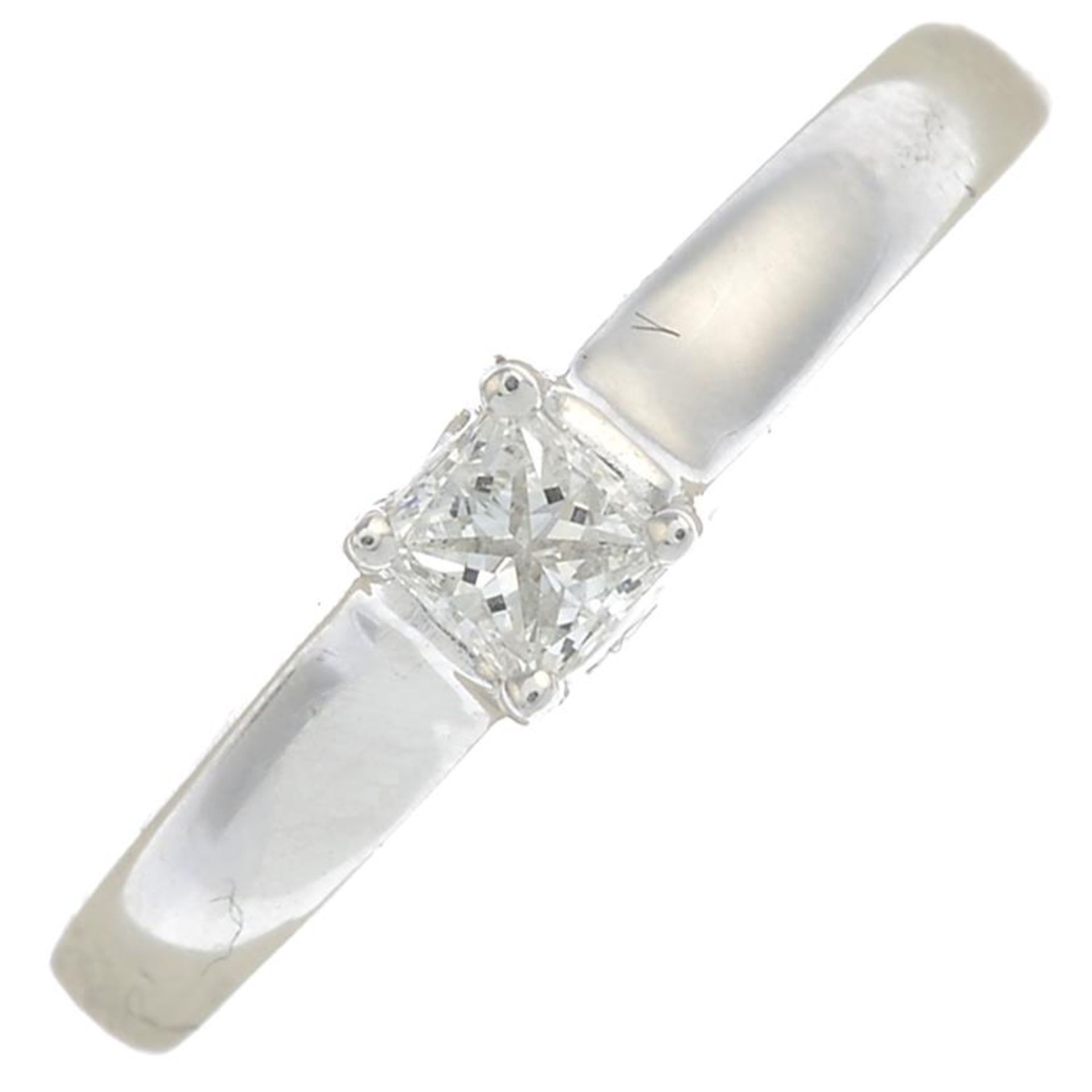 An 18ct gold square-shape diamond single-stone ring.Estimated diamond weight 0.25ct,