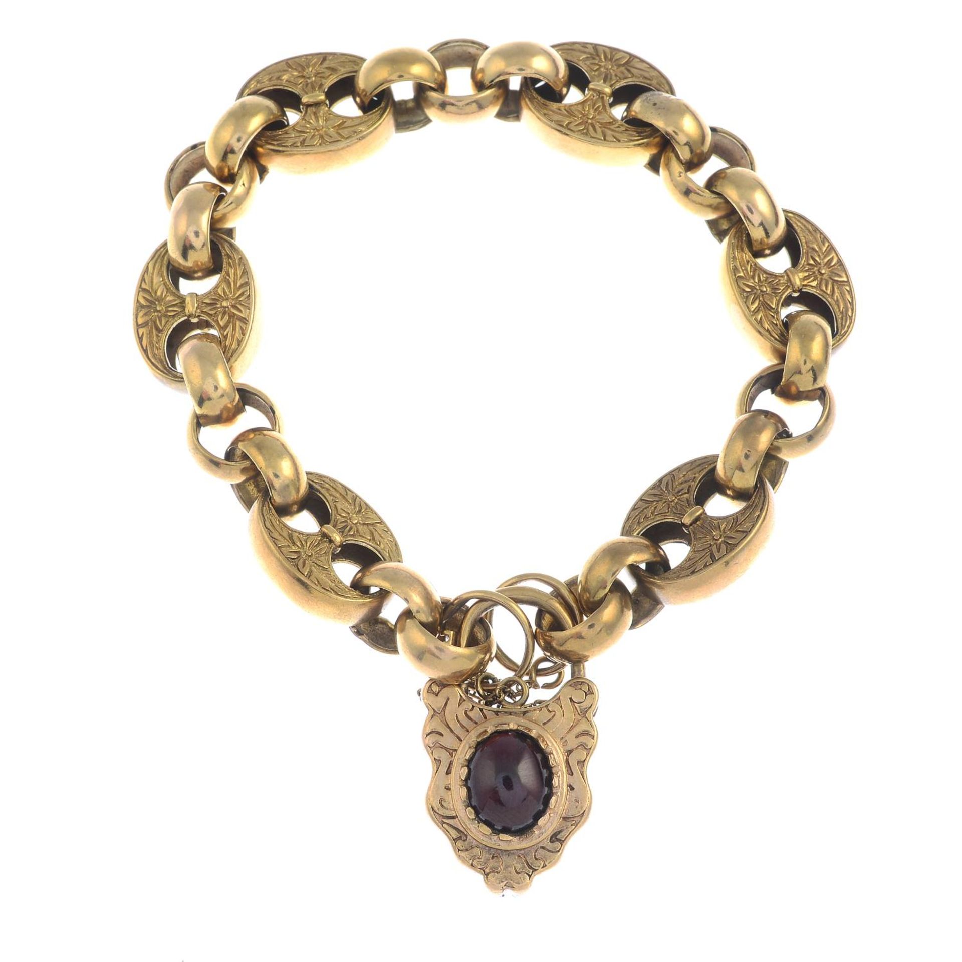 A 9ct gold fancy bracelet, with garnet padlock clasp.Hallmarks for Brimingham.Length 20cms.