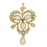 A 9ct gold opal and split pearl pendant.May also be worn as a brooch.Hallmarks for London,