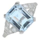 A rectangular-shape aquamarine and brilliant-cut diamond dress ring.Aquamarine calculated weight