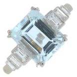 A rectangular-shape aquamarine and baguette-cut diamond dress ring.Aquamarine calculated weight