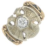 An early 20th century gold old-cut diamond and enamel signet ring.Estimated diamond weight 0.50ct,