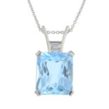 A palladium rectangular-shape blue topaz and diamond pendant, on chain.