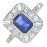 A sapphire and vari-cut diamond cluster ring.sapphire calculated weight 0.97ct,