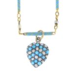 A late 19th century silver and gold turquoise and split pearl heart pendant,