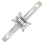 A platinum rectangular-shape diamond single-stone ring.Diamond weight 0.40ct,