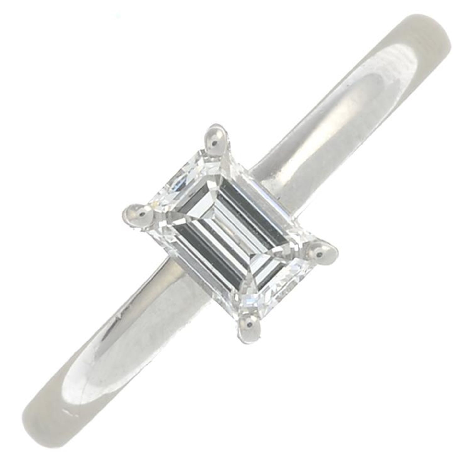 A platinum rectangular-shape diamond single-stone ring.Diamond weight 0.40ct,