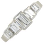 A rectangular-shape diamond graduated five-stone ring.Estimated total diamond weight 1.50cts,