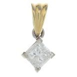An 18ct gold square-shape diamond single-stone pendant.