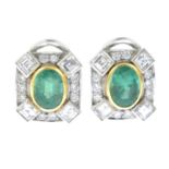 A pair of oval-shape emerald and vari-cut diamond earrings.Emerald calculated weights 0.92ct and